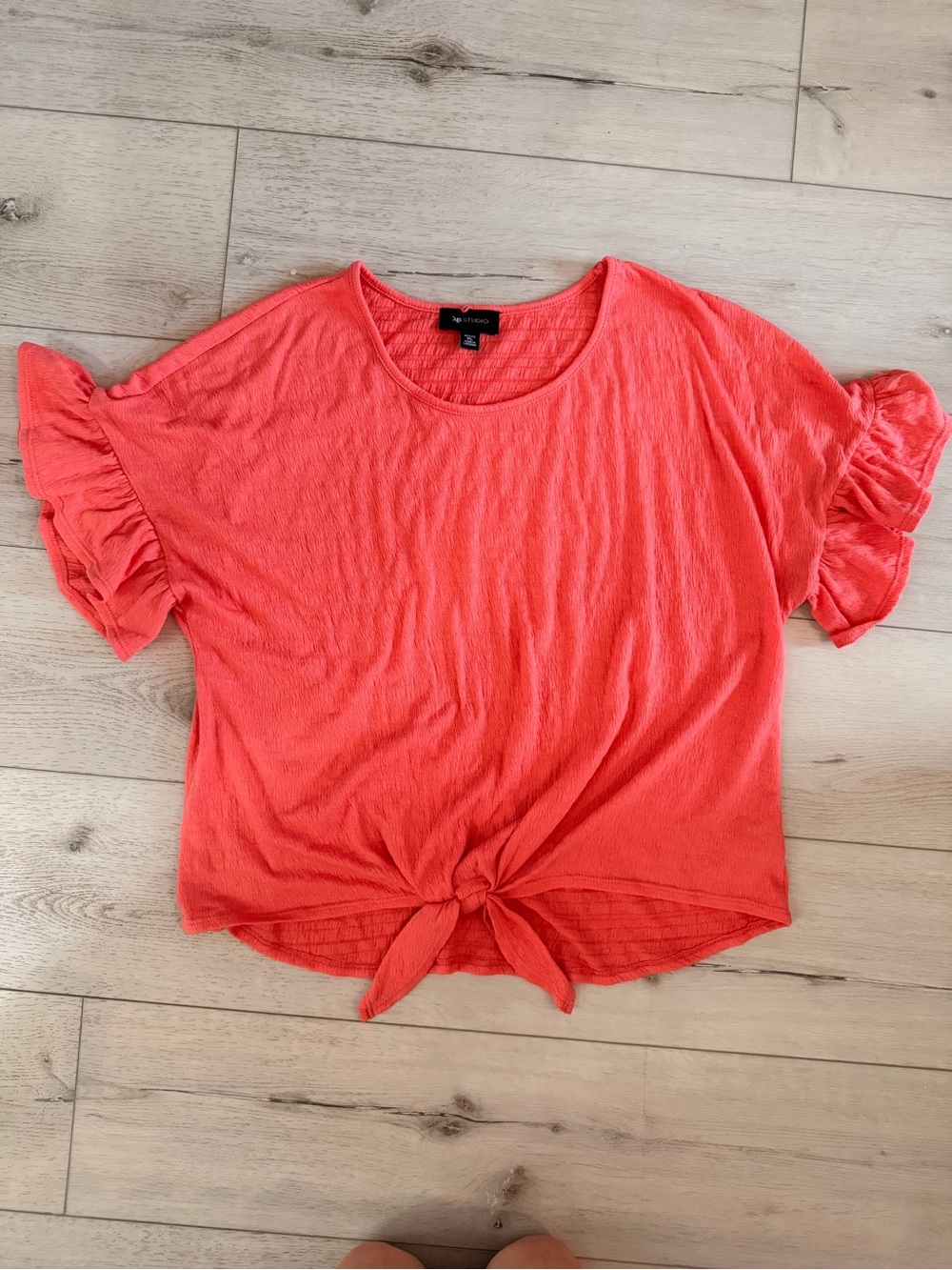 AB Studio Coral Short Sleeve Tie-Front Ruffle Sleeve Top